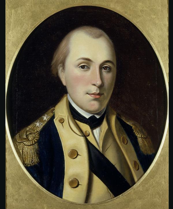 Bust length, facing forward of a man wearing a dark blue uniform coat with buff facings, gold epaulettes with two stars each. He has a buff waistcoat, white shirt, and a black sword across his chest.